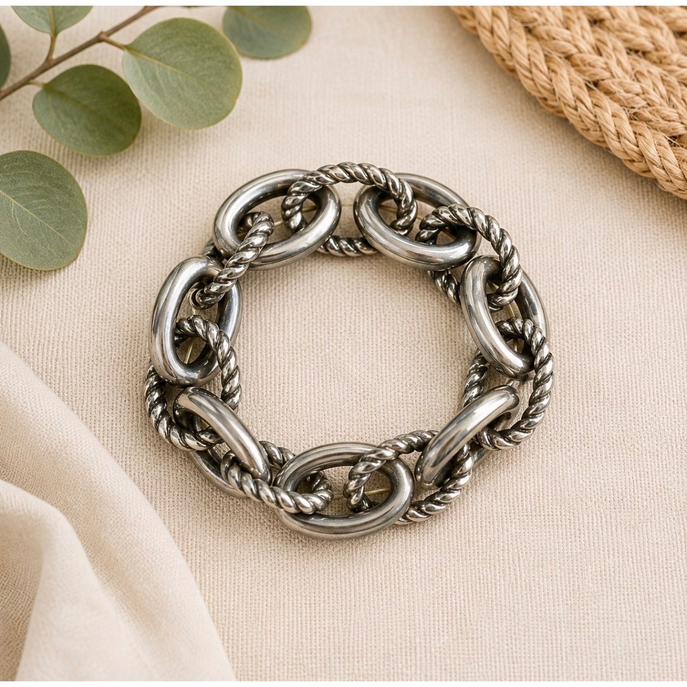 Chunky Silver Tone Mixed Link Stretch Bracelet Twisted Rope Oval Chain Statement